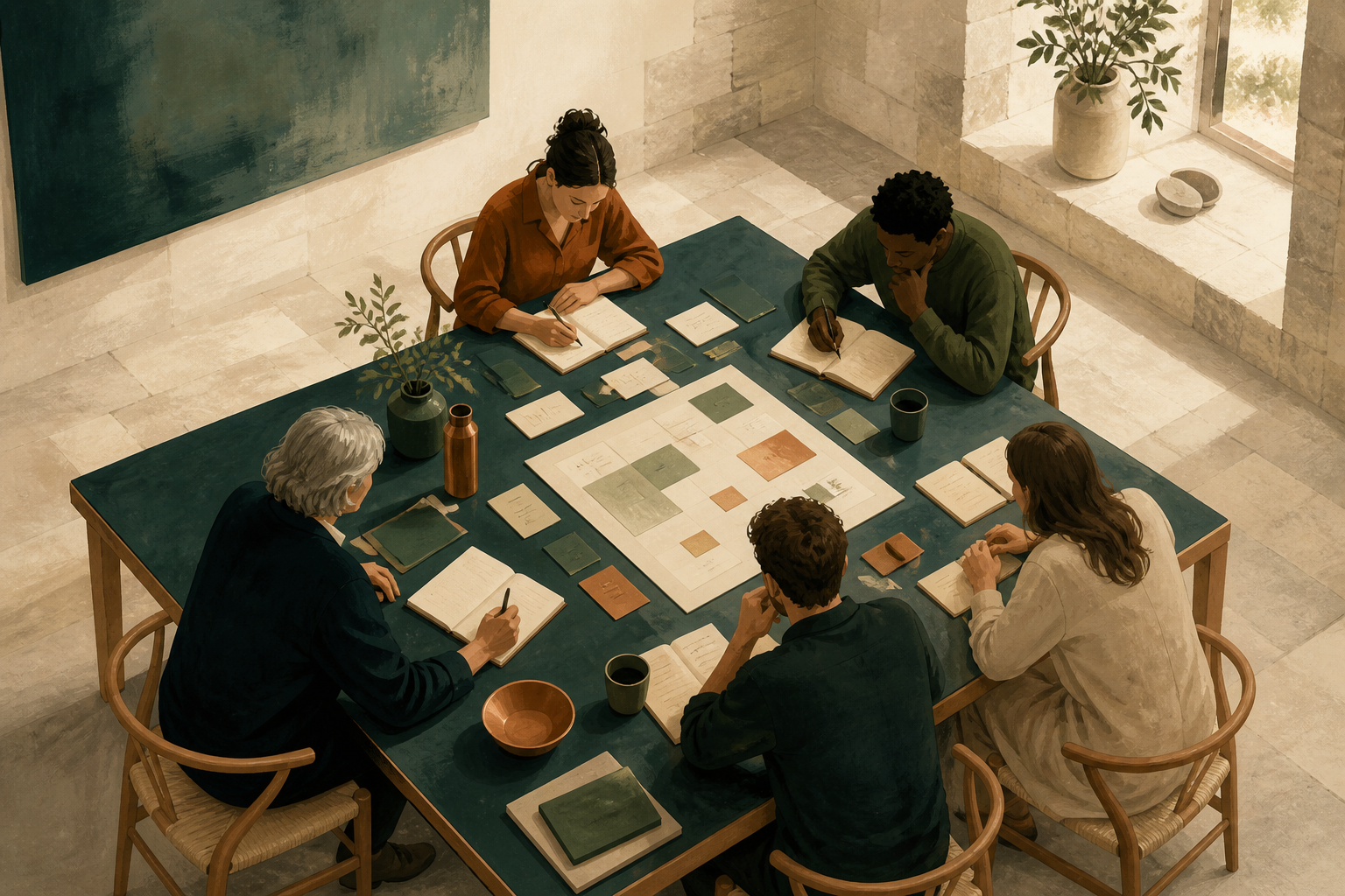 Editorial illustration of a small group working together at a workshop table Editorial illustration of a small group working together at a workshop table
